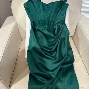 House of CB Green Asymmetrical Ruched Midi Dress